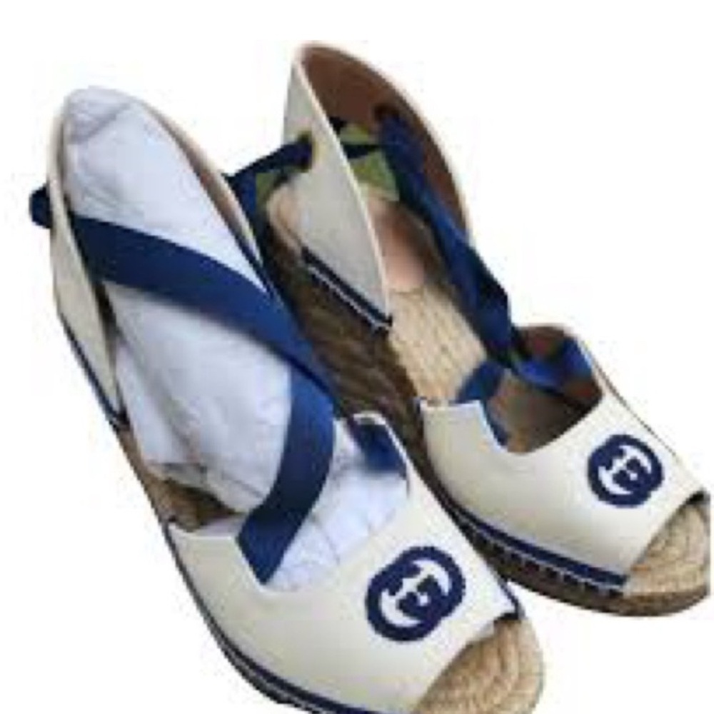 Gucci Blue and White Espadrille Wedges